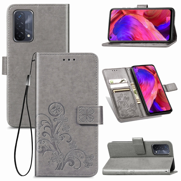 For OPPO A93 5G Four-leaf Clasp Embossed Buckle Mobile Phone Protection Leather Case with Lanyard & Card Slot & Wallet & Bracket Function
