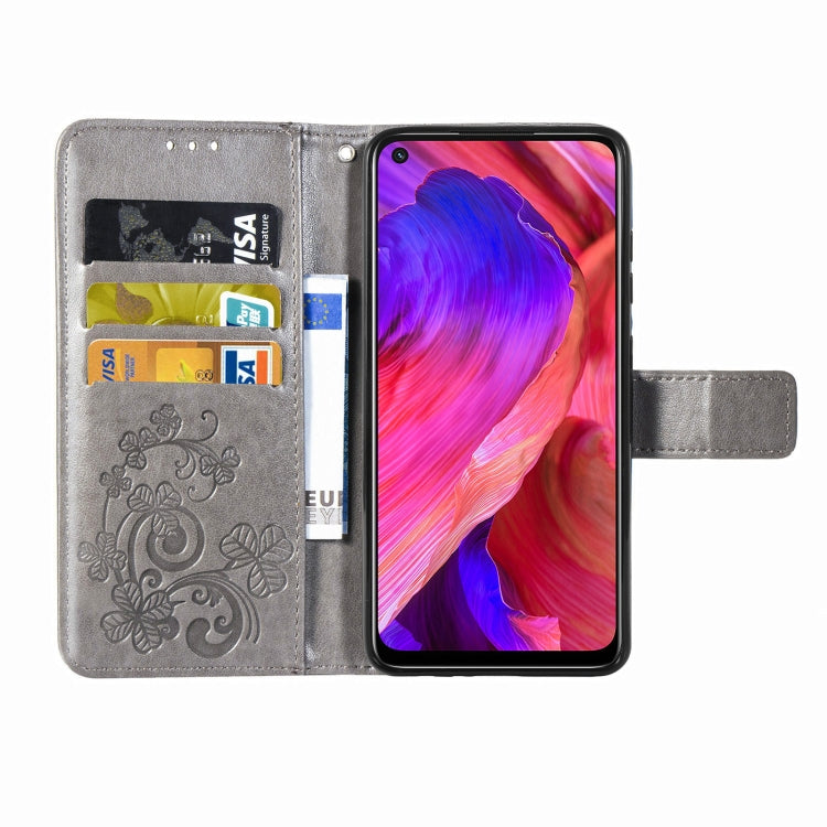 For OPPO A93 5G Four-leaf Clasp Embossed Buckle Mobile Phone Protection Leather Case with Lanyard & Card Slot & Wallet & Bracket Function