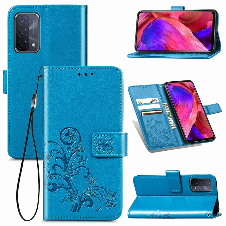 For OPPO A93 5G Four-leaf Clasp Embossed Buckle Mobile Phone Protection Leather Case with Lanyard & Card Slot & Wallet & Bracket Function