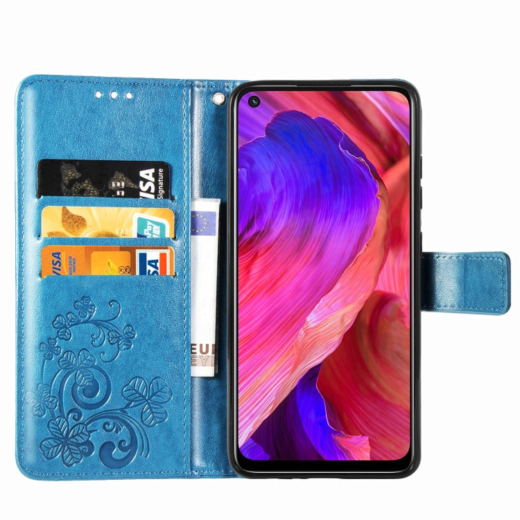 For OPPO A93 5G Four-leaf Clasp Embossed Buckle Mobile Phone Protection Leather Case with Lanyard & Card Slot & Wallet & Bracket Function
