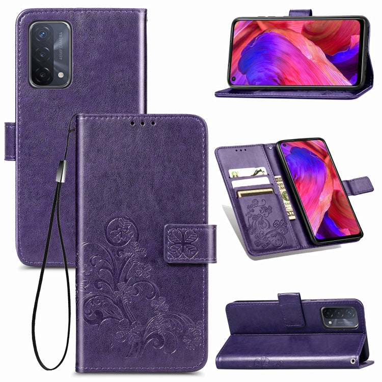 For OPPO A93 5G Four-leaf Clasp Embossed Buckle Mobile Phone Protection Leather Case with Lanyard & Card Slot & Wallet & Bracket Function