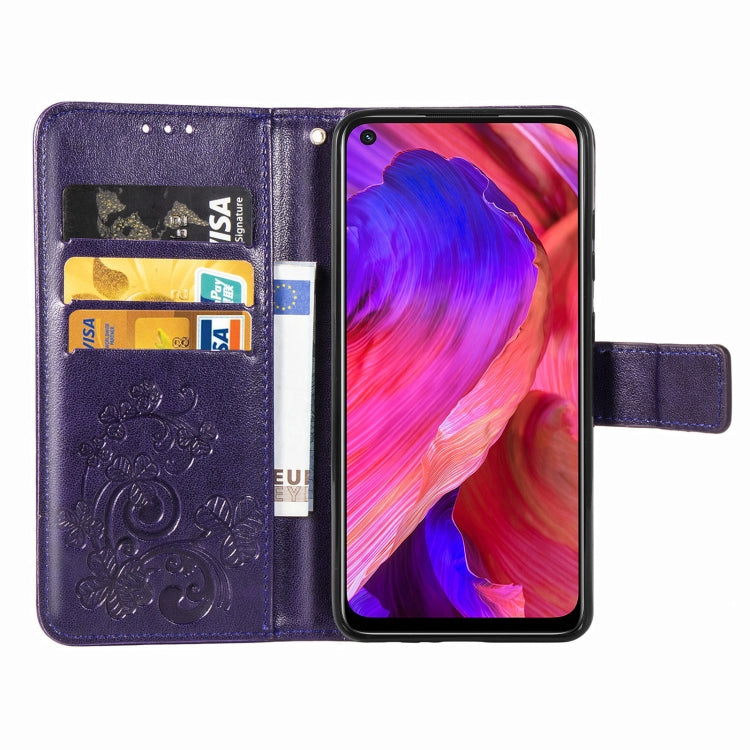 For OPPO A93 5G Four-leaf Clasp Embossed Buckle Mobile Phone Protection Leather Case with Lanyard & Card Slot & Wallet & Bracket Function