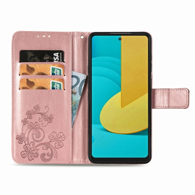 For LG Stylo 7 Four-leaf Clasp Embossed Buckle Mobile Phone Protection Leather Case with Lanyard & Card Slot & Wallet & Bracket Function
