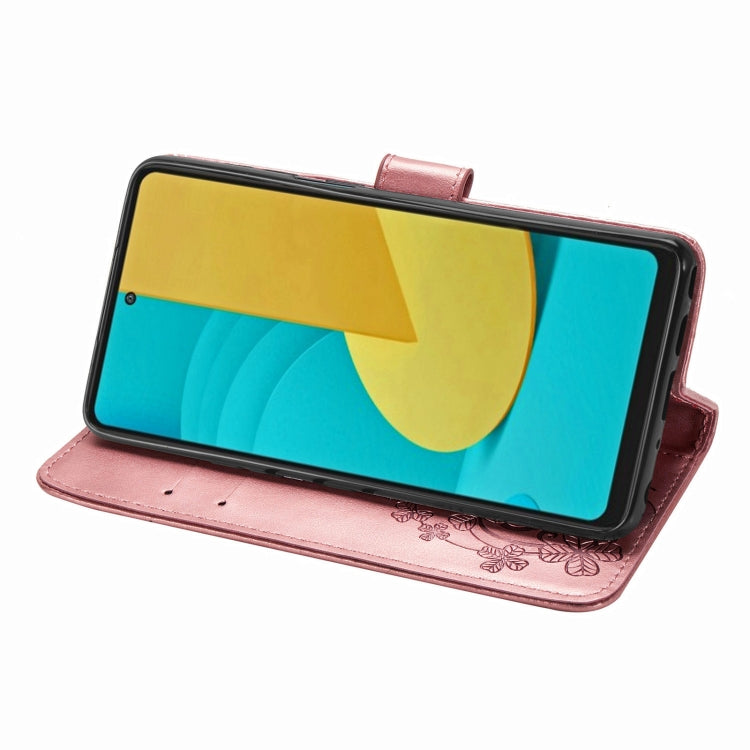 For LG Stylo 7 Four-leaf Clasp Embossed Buckle Mobile Phone Protection Leather Case with Lanyard & Card Slot & Wallet & Bracket Function