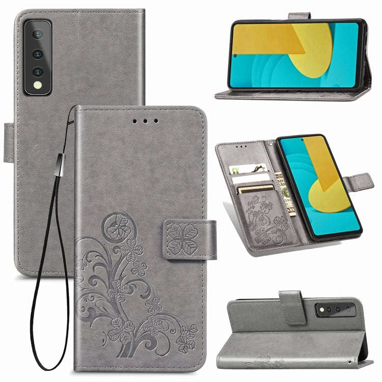For LG Stylo 7 Four-leaf Clasp Embossed Buckle Mobile Phone Protection Leather Case with Lanyard & Card Slot & Wallet & Bracket Function