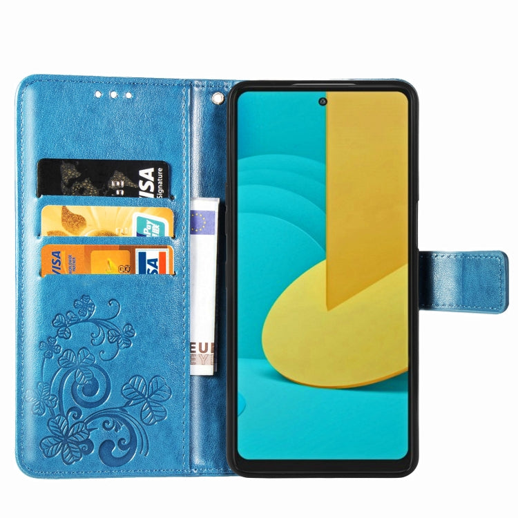 For LG Stylo 7 Four-leaf Clasp Embossed Buckle Mobile Phone Protection Leather Case with Lanyard & Card Slot & Wallet & Bracket Function