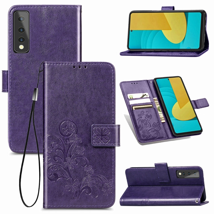 For LG Stylo 7 Four-leaf Clasp Embossed Buckle Mobile Phone Protection Leather Case with Lanyard & Card Slot & Wallet & Bracket Function