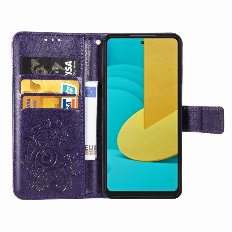 For LG Stylo 7 Four-leaf Clasp Embossed Buckle Mobile Phone Protection Leather Case with Lanyard & Card Slot & Wallet & Bracket Function