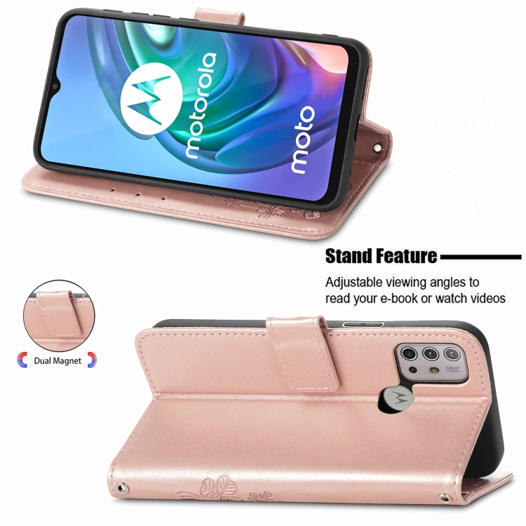 For Motorola Moto G10 Four-leaf Clasp Embossed Buckle Mobile Phone Protection Leather Case with Lanyard & Card Slot & Wallet & Bracket Function