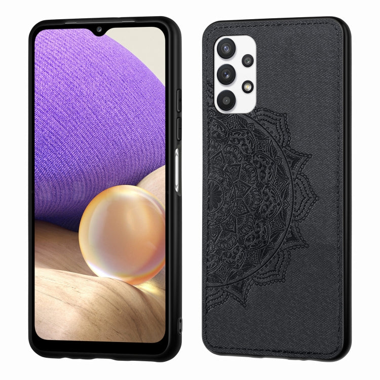 For Samsung Galaxy A32 5G Mandala Embossed Cloth Cover PC + TPU Mobile Phone Case with Magnetic Function and Hand Strap