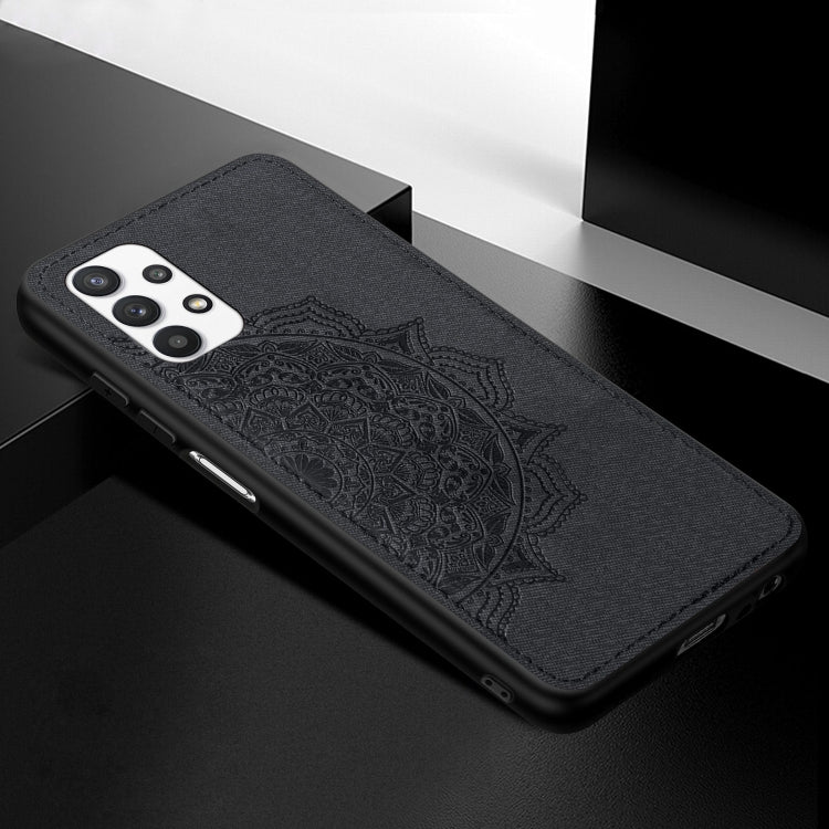 For Samsung Galaxy A32 5G Mandala Embossed Cloth Cover PC + TPU Mobile Phone Case with Magnetic Function and Hand Strap