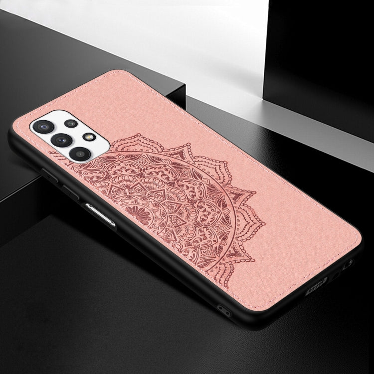 For Samsung Galaxy A32 5G Mandala Embossed Cloth Cover PC + TPU Mobile Phone Case with Magnetic Function and Hand Strap