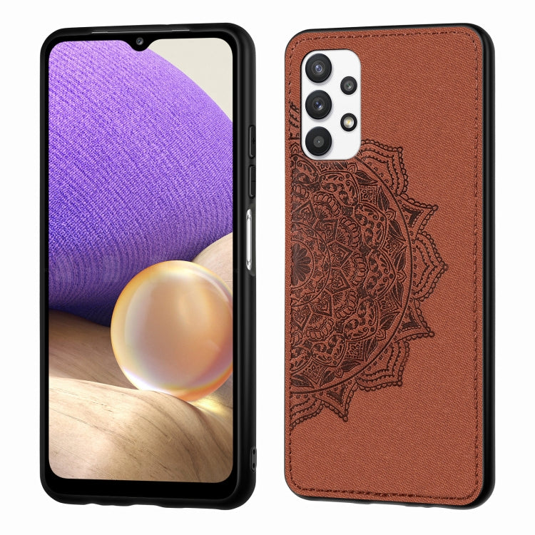 For Samsung Galaxy A32 5G Mandala Embossed Cloth Cover PC + TPU Mobile Phone Case with Magnetic Function and Hand Strap