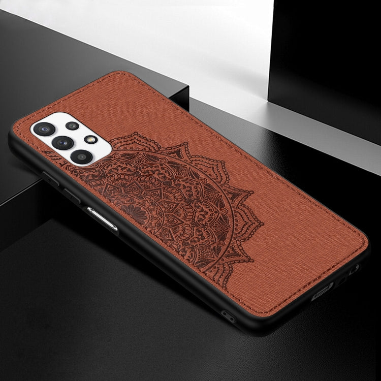 For Samsung Galaxy A32 5G Mandala Embossed Cloth Cover PC + TPU Mobile Phone Case with Magnetic Function and Hand Strap