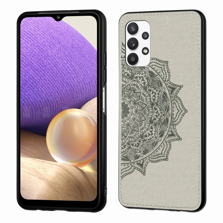 For Samsung Galaxy A32 5G Mandala Embossed Cloth Cover PC + TPU Mobile Phone Case with Magnetic Function and Hand Strap