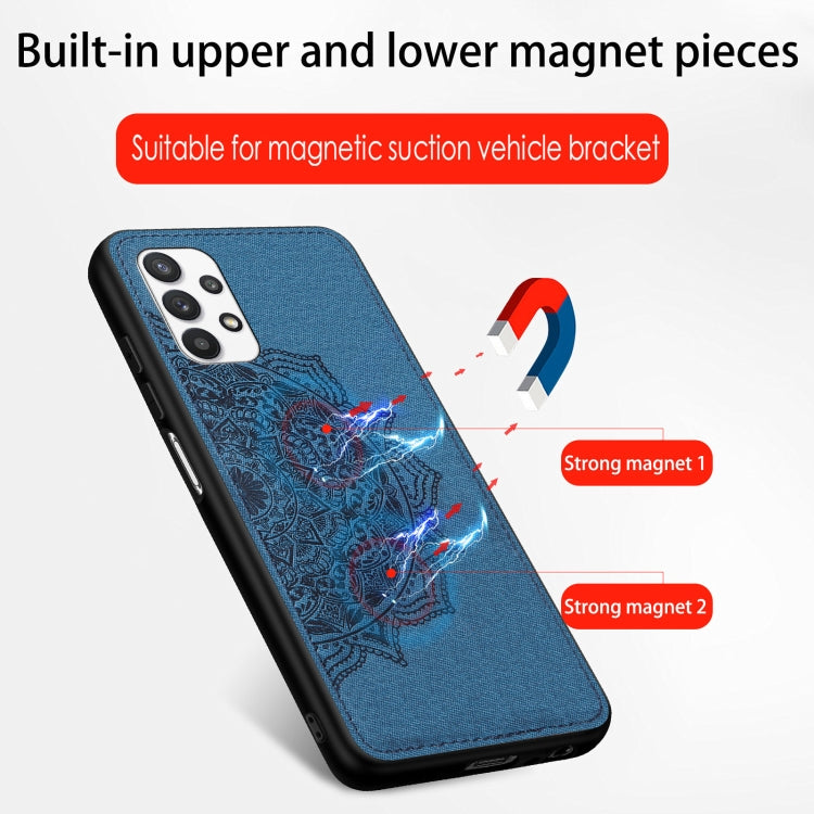 For Samsung Galaxy A32 5G Mandala Embossed Cloth Cover PC + TPU Mobile Phone Case with Magnetic Function and Hand Strap