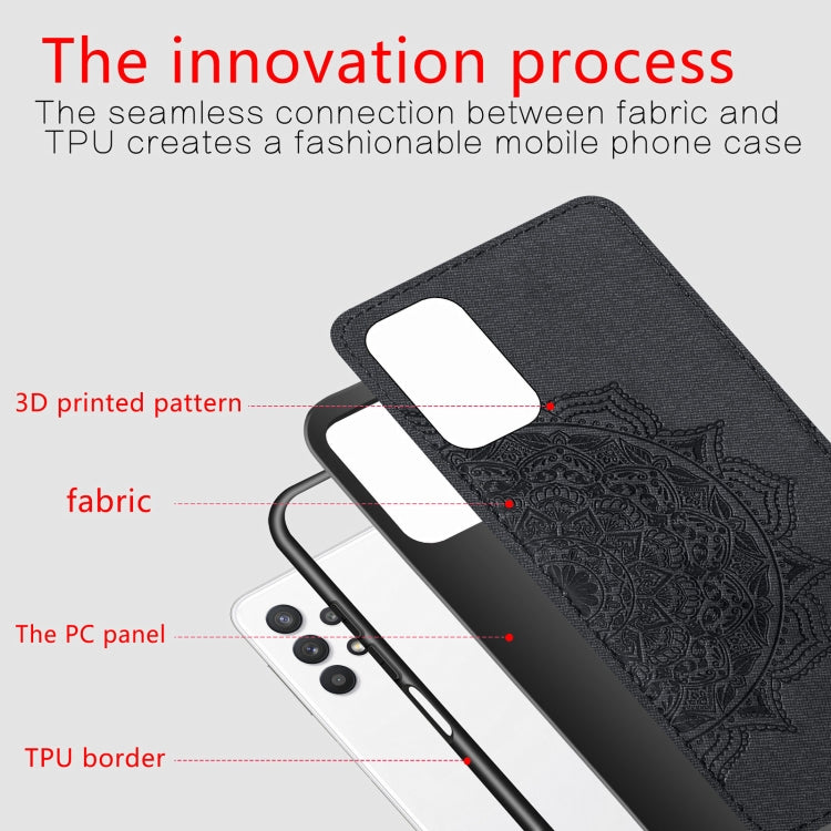 For Samsung Galaxy A32 5G Mandala Embossed Cloth Cover PC + TPU Mobile Phone Case with Magnetic Function and Hand Strap