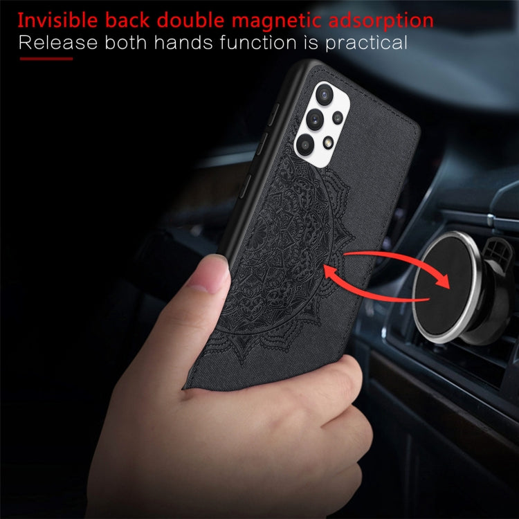 For Samsung Galaxy A32 5G Mandala Embossed Cloth Cover PC + TPU Mobile Phone Case with Magnetic Function and Hand Strap