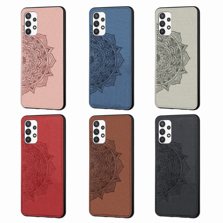 For Samsung Galaxy A32 5G Mandala Embossed Cloth Cover PC + TPU Mobile Phone Case with Magnetic Function and Hand Strap