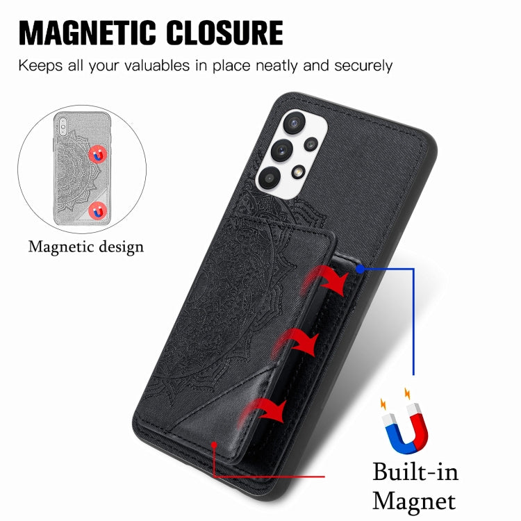 For Samsung Galaxy A32 5G Mandala Embossed Magnetic Cloth PU+TPU+PC Case with Holder & Card Slots & Wallet & Photo Frame