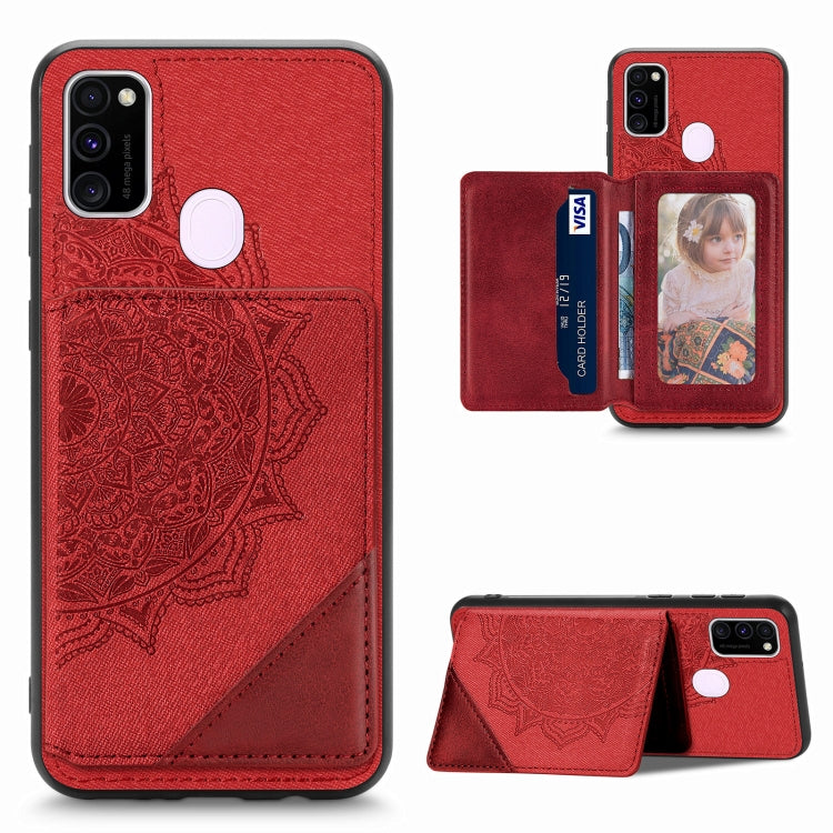 For Samsung Galaxy M21 Mandala Embossed Magnetic Cloth PU+TPU+PC Case with Holder & Card Slots & Wallet & Photo Frame