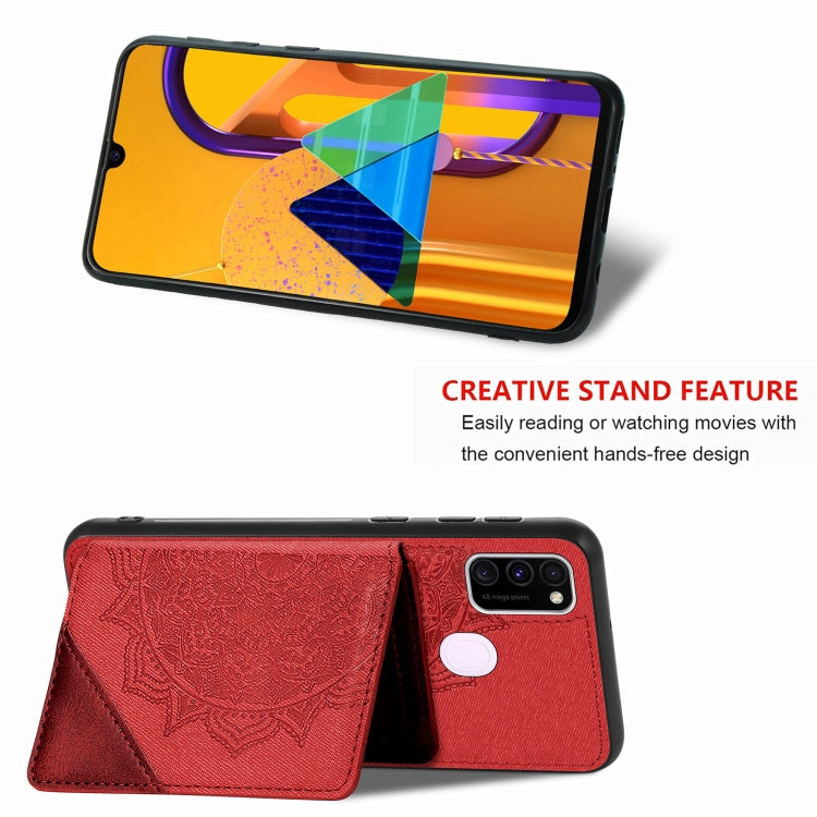 For Samsung Galaxy M21 Mandala Embossed Magnetic Cloth PU+TPU+PC Case with Holder & Card Slots & Wallet & Photo Frame