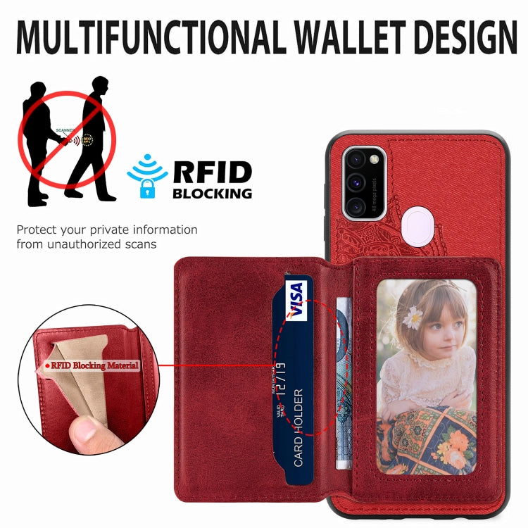 For Samsung Galaxy M21 Mandala Embossed Magnetic Cloth PU+TPU+PC Case with Holder & Card Slots & Wallet & Photo Frame