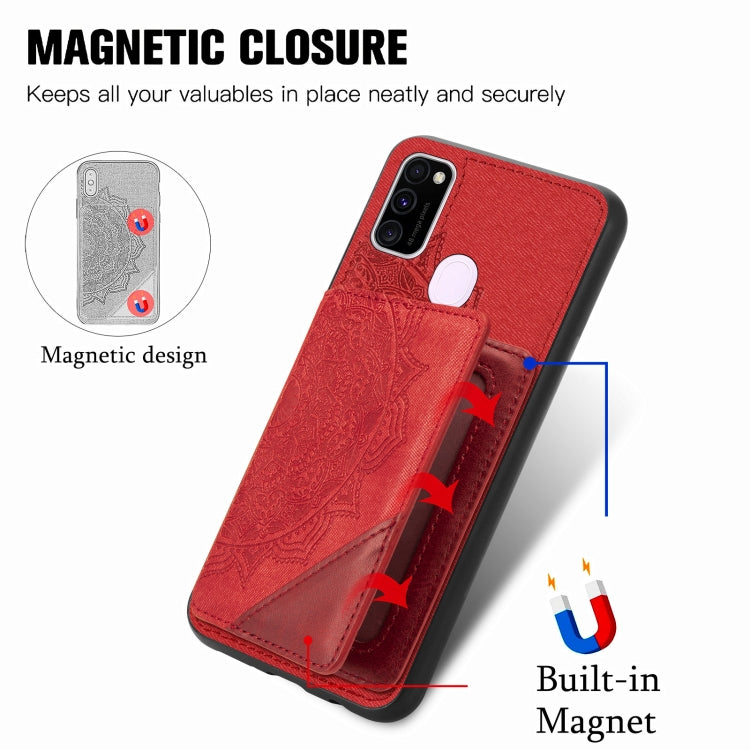 For Samsung Galaxy M21 Mandala Embossed Magnetic Cloth PU+TPU+PC Case with Holder & Card Slots & Wallet & Photo Frame