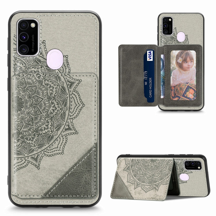 For Samsung Galaxy M21 Mandala Embossed Magnetic Cloth PU+TPU+PC Case with Holder & Card Slots & Wallet & Photo Frame
