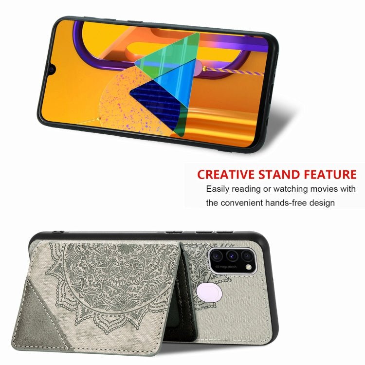 For Samsung Galaxy M21 Mandala Embossed Magnetic Cloth PU+TPU+PC Case with Holder & Card Slots & Wallet & Photo Frame