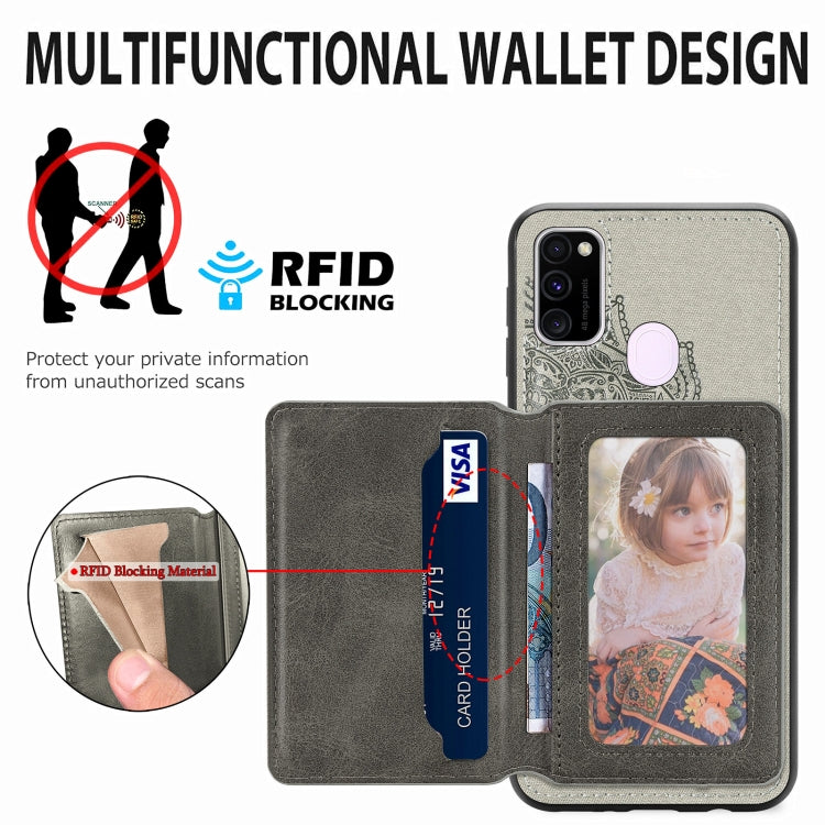 For Samsung Galaxy M21 Mandala Embossed Magnetic Cloth PU+TPU+PC Case with Holder & Card Slots & Wallet & Photo Frame