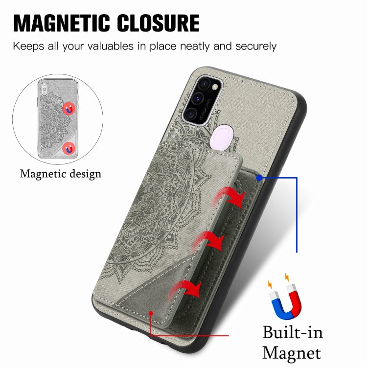 For Samsung Galaxy M21 Mandala Embossed Magnetic Cloth PU+TPU+PC Case with Holder & Card Slots & Wallet & Photo Frame