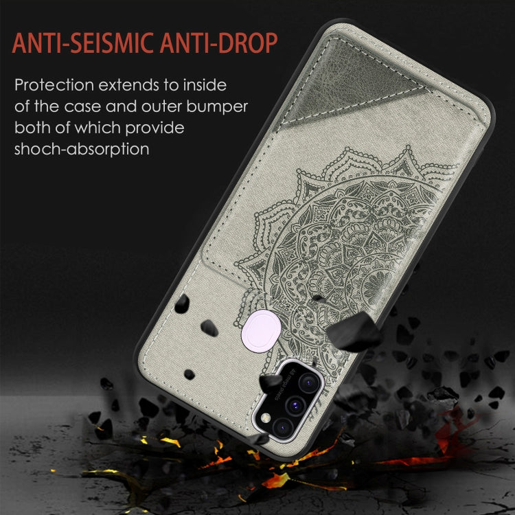 For Samsung Galaxy M21 Mandala Embossed Magnetic Cloth PU+TPU+PC Case with Holder & Card Slots & Wallet & Photo Frame