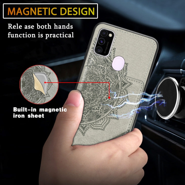 For Samsung Galaxy M21 Mandala Embossed Magnetic Cloth PU+TPU+PC Case with Holder & Card Slots & Wallet & Photo Frame