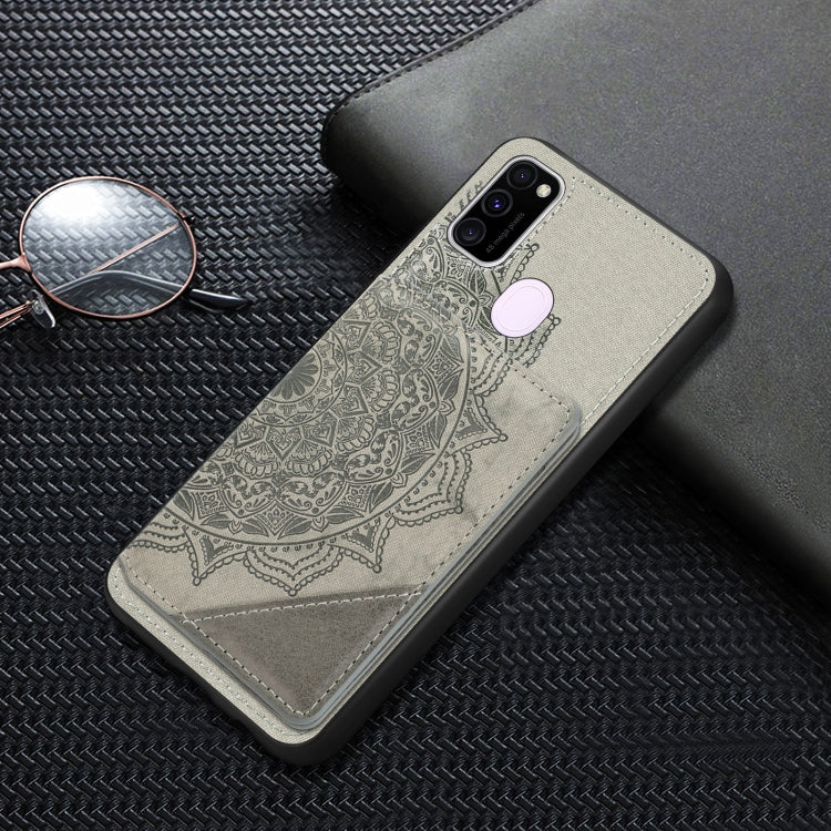 For Samsung Galaxy M21 Mandala Embossed Magnetic Cloth PU+TPU+PC Case with Holder & Card Slots & Wallet & Photo Frame