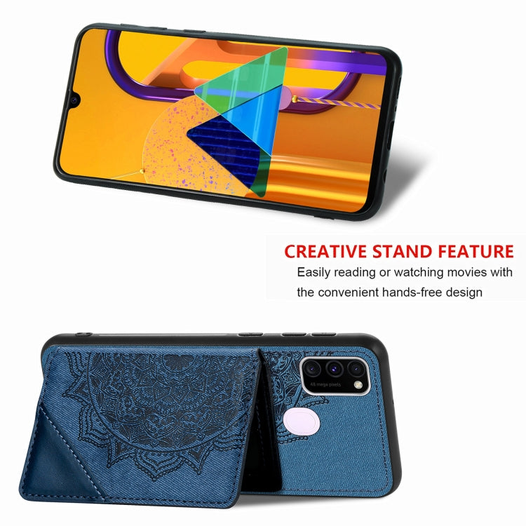 For Samsung Galaxy M21 Mandala Embossed Magnetic Cloth PU+TPU+PC Case with Holder & Card Slots & Wallet & Photo Frame