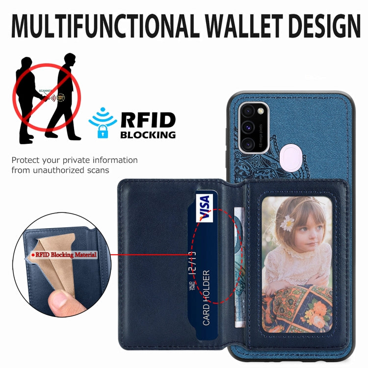 For Samsung Galaxy M21 Mandala Embossed Magnetic Cloth PU+TPU+PC Case with Holder & Card Slots & Wallet & Photo Frame