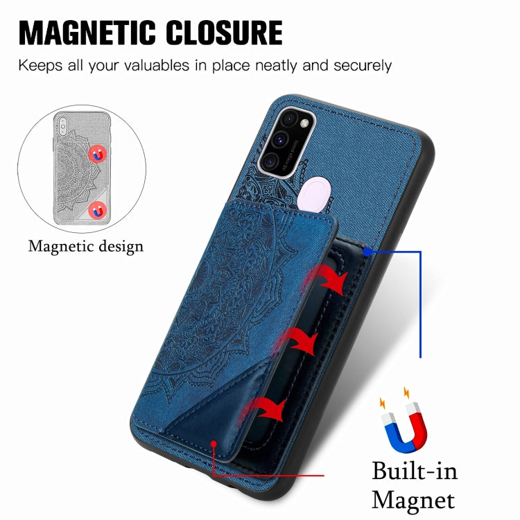 For Samsung Galaxy M21 Mandala Embossed Magnetic Cloth PU+TPU+PC Case with Holder & Card Slots & Wallet & Photo Frame