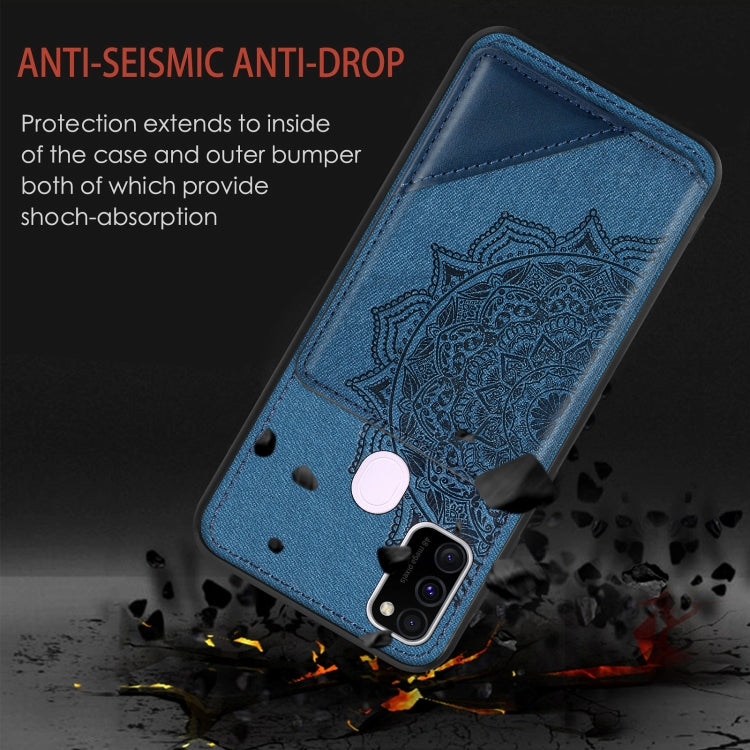 For Samsung Galaxy M21 Mandala Embossed Magnetic Cloth PU+TPU+PC Case with Holder & Card Slots & Wallet & Photo Frame