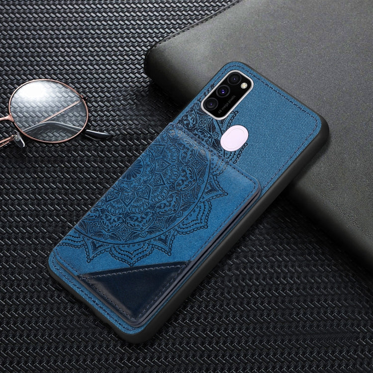For Samsung Galaxy M21 Mandala Embossed Magnetic Cloth PU+TPU+PC Case with Holder & Card Slots & Wallet & Photo Frame