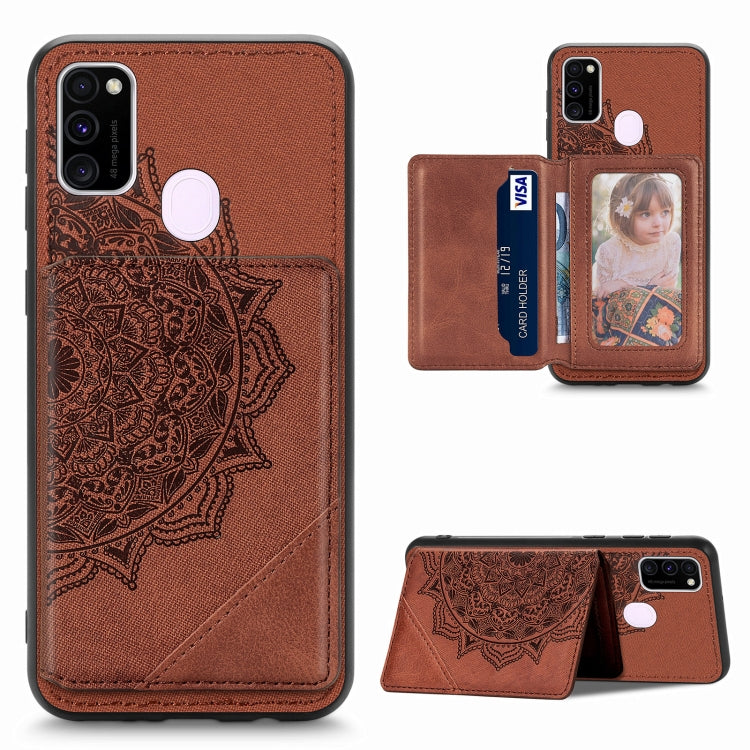 For Samsung Galaxy M21 Mandala Embossed Magnetic Cloth PU+TPU+PC Case with Holder & Card Slots & Wallet & Photo Frame