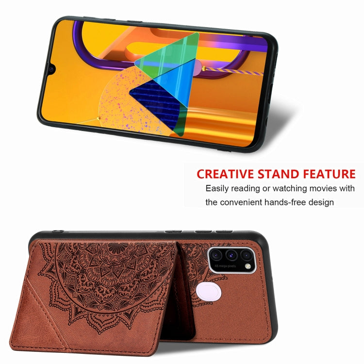 For Samsung Galaxy M21 Mandala Embossed Magnetic Cloth PU+TPU+PC Case with Holder & Card Slots & Wallet & Photo Frame