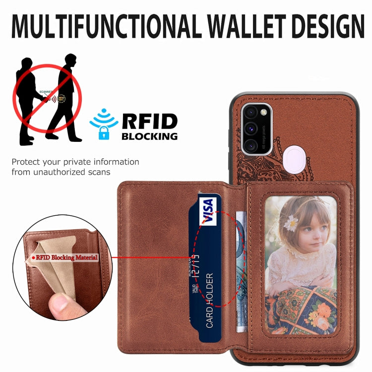 For Samsung Galaxy M21 Mandala Embossed Magnetic Cloth PU+TPU+PC Case with Holder & Card Slots & Wallet & Photo Frame