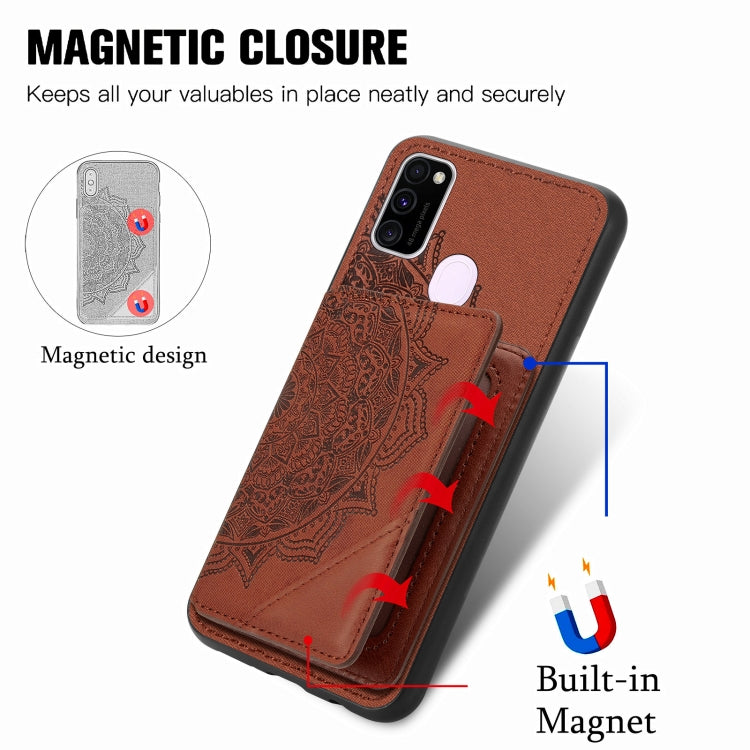 For Samsung Galaxy M21 Mandala Embossed Magnetic Cloth PU+TPU+PC Case with Holder & Card Slots & Wallet & Photo Frame