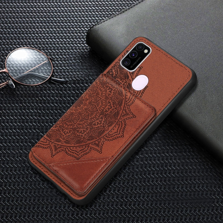 For Samsung Galaxy M21 Mandala Embossed Magnetic Cloth PU+TPU+PC Case with Holder & Card Slots & Wallet & Photo Frame