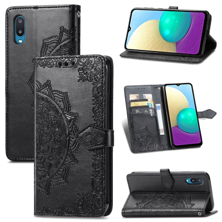 For Samsung Galaxy A02 Mandala Flower Embossed Horizontal Flip Leather Case with Bracket / Card Slot / Wallet / Lanyard