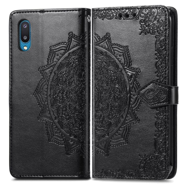 For Samsung Galaxy A02 Mandala Flower Embossed Horizontal Flip Leather Case with Bracket / Card Slot / Wallet / Lanyard