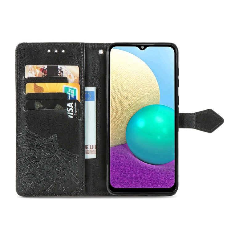 For Samsung Galaxy A02 Mandala Flower Embossed Horizontal Flip Leather Case with Bracket / Card Slot / Wallet / Lanyard
