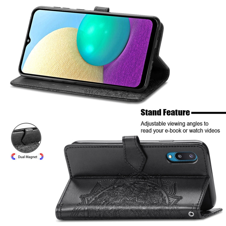 For Samsung Galaxy A02 Mandala Flower Embossed Horizontal Flip Leather Case with Bracket / Card Slot / Wallet / Lanyard