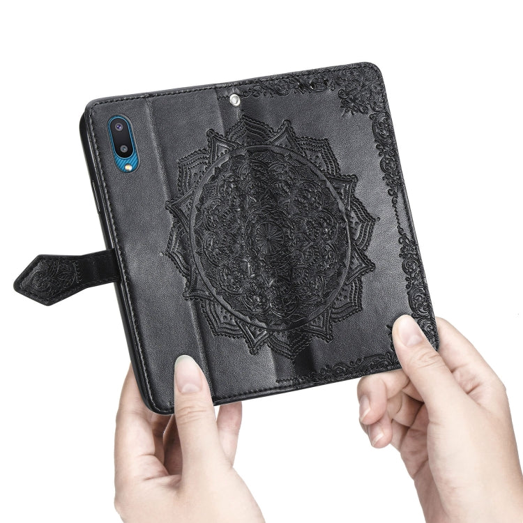For Samsung Galaxy A02 Mandala Flower Embossed Horizontal Flip Leather Case with Bracket / Card Slot / Wallet / Lanyard